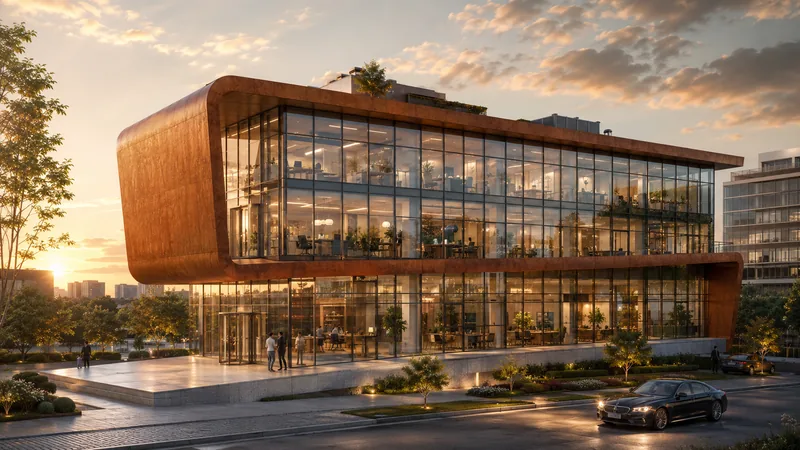 Render do Edifício Meridiano: edifício comercial de vidro com envoltória em aço corten, térreo e dois pavimentos