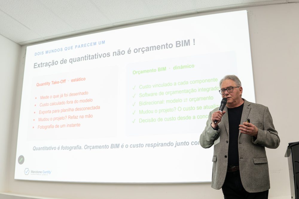 Leonardo Manzione apresentando o slide que separa extração de quantitativos de orçamento BIM