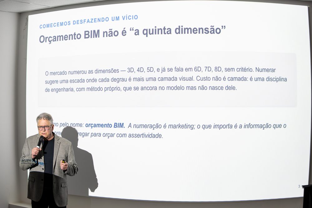 Leonardo Manzione ao lado do slide que questiona a nomenclatura de quinta dimensão